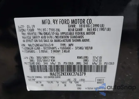 2019 Ford Ecosport Titanium из США, поврежденный, VIN MAJ3S2KEXKC276379